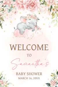 635 Pink Floral Sleeping Elephant Baby Shower Welcome Sign 24x36: 635 Pink Floral Sleeping Elephant Baby Shower Welcome Sign