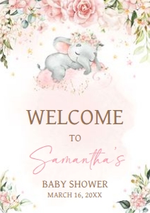 635 Pink Floral Sleeping Elephant Baby Shower Welcome Sign A1: 635 Pink Floral Sleeping Elephant Baby Shower Welcome Sign