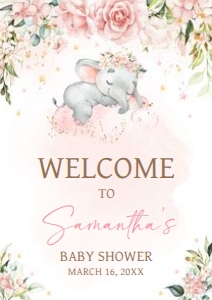 635 Pink Floral Sleeping Elephant Baby Shower Welcome Sign A2: 635 Pink Floral Sleeping Elephant Baby Shower Welcome Sign