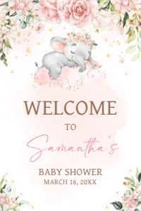 635 Pink Floral Sleeping Elephant Baby Shower Welcome Sign 20x30: 635 Pink Floral Sleeping Elephant Baby Shower Welcome Sign