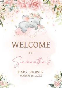 635 Pink Floral Sleeping Elephant Baby Shower Welcome Sign A4: 635 Pink Floral Sleeping Elephant Baby Shower Welcome Sign