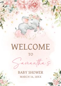 635 Pink Floral Sleeping Elephant Baby Shower Welcome Sign A3: 635 Pink Floral Sleeping Elephant Baby Shower Welcome Sign