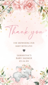 635 Pink Floral Sleeping Elephant Baby Shower Favor Tag with Line: 635 Pink Floral Sleeping Elephant Baby Shower Favor Tag