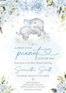 636 Blue Floral Sleeping Elephant Baby Shower Invitation: 636 Blue Floral Sleeping Elephant Baby Shower Invitation