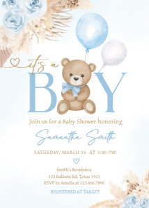 622 Blue Boho Bear Balloon Baby Shower Invitation: 622 Blue Boho Bear Balloon Baby Shower Invitation