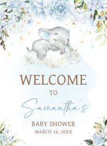 636 Blue Floral Sleeping Elephant Baby Shower Welcome Sign 11x15: 636 Blue Floral Sleeping Elephant Baby Shower Welcome Sign