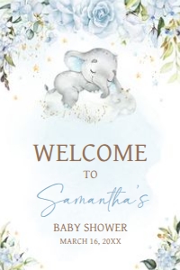 636 Blue Floral Sleeping Elephant Baby Shower Welcome Sign 20x30: 636 Blue Floral Sleeping Elephant Baby Shower Welcome Sign