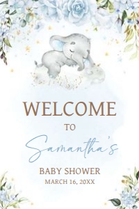 636 Blue Floral Sleeping Elephant Baby Shower Welcome Sign 24x36: 636 Blue Floral Sleeping Elephant Baby Shower Welcome Sign