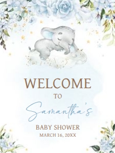 636 Blue Floral Sleeping Elephant Baby Shower Welcome Sign 18x24: 636 Blue Floral Sleeping Elephant Baby Shower Welcome Sign
