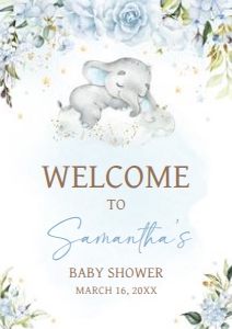 636 Blue Floral Sleeping Elephant Baby Shower Welcome Sign A3: 636 Blue Floral Sleeping Elephant Baby Shower Welcome Sign