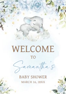 636 Blue Floral Sleeping Elephant Baby Shower Welcome Sign A4: 636 Blue Floral Sleeping Elephant Baby Shower Welcome Sign