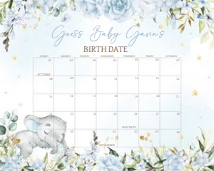636 Blue Floral Sleeping Elephant Baby Shower Calendar 20x16: 636 Blue Floral Sleeping Elephant Baby Shower Calendar