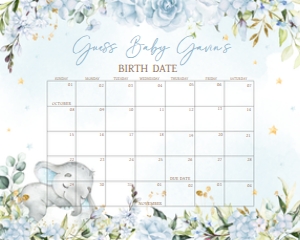636 Blue Floral Sleeping Elephant Baby Shower Calendar 10x8: 636 Blue Floral Sleeping Elephant Baby Shower Calendar