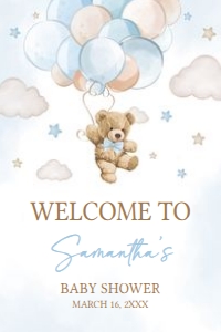 623 Blue Balloon Bear Baby Shower Welcome Sign 20x30: 623 Blue Balloon Bear Baby Shower Welcome Sign