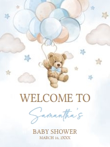 623 Blue Balloon Bear Baby Shower Welcome Sign 18x24: 623 Blue Balloon Bear Baby Shower Welcome Sign
