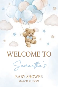 623 Blue Balloon Bear Baby Shower Welcome Sign 24x36: 623 Blue Balloon Bear Baby Shower Welcome Sign