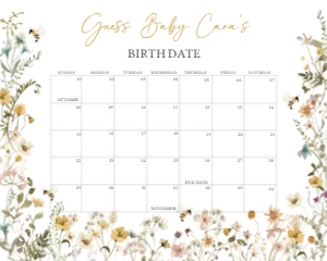639 Bee Wildflower Baby Shower Calendar 20x16: 639 Bee Wildflower Baby Shower Calendar
