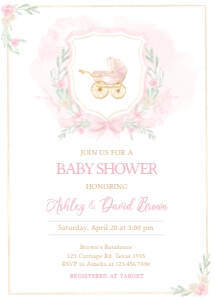 658 Pink Gold Carriage Crest Baby Shower Invitation: 658 Pink Gold Carriage Crest Baby Shower Invitation Set