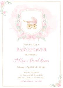 658 Pink Gold Carriage Crest Baby Shower Invitation Set design preview