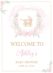 658 Pink Gold Carriage Crest Baby Shower Welcome Sign 11X15: 658 Pink Gold Carriage Crest Baby Shower Welcome Sign