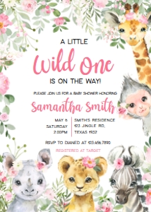 223 Pink Floral Safari Animals Baby Shower Invitation: 223 Pink Floral Safari Animals Baby Shower Invitation