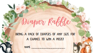 403 Floral Wood Slice Woodland Animals Baby Shower Diaper Raffle: 403 Floral Wood Slice Woodland Animals Baby Shower Invitation Set