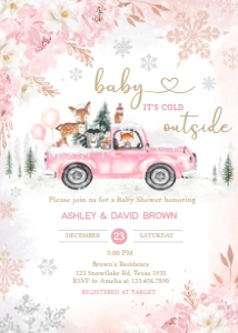 529 Pink Winter Woodland Truck Baby Shower Invitation: 529 Pink Winter Woodland Truck Baby Shower Invitation