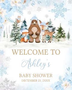 560 Blue Winter Woodland Animals Baby Shower Welcome Sign 16x20: 560 Blue Winter Woodland Animals Baby Shower Welcome Sign