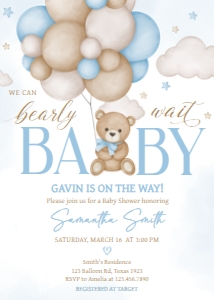 621 Blue Bear Balloon Baby Shower Invitation: 621 Blue Bear Balloon Baby Shower Invitation