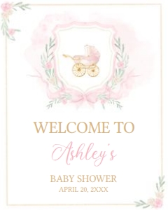 658 Pink Gold Carriage Crest Baby Shower Welcome Sign 16X20: 658 Pink Gold Carriage Crest Baby Shower Welcome Sign