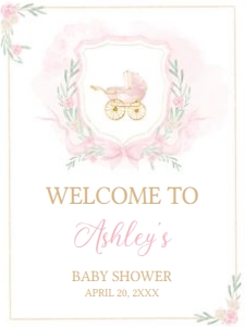 658 Pink Gold Carriage Crest Baby Shower Welcome Sign 18X24: 658 Pink Gold Carriage Crest Baby Shower Welcome Sign