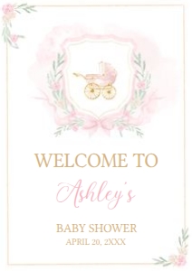 658 Pink Gold Carriage Crest Baby Shower Welcome Sign A1: 658 Pink Gold Carriage Crest Baby Shower Welcome Sign