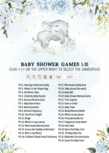 636 Blue Floral Sleeping Elephant Baby Shower Games Bundle 1: 636 Blue Floral Sleeping Elephant Baby Shower Games