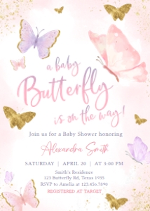 668 Pink Purple Gold Butterfly Baby Shower Invitation: 668 Pink Purple Gold Butterfly Baby Shower Invitation