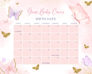 668 Pink Purple Gold Butterfly Baby Shower Calendar design preview