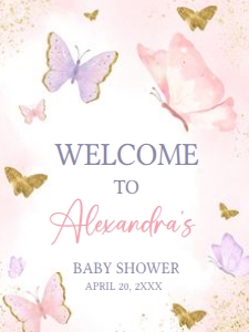 668 Pink Purple Gold Butterfly Baby Shower Welcome Sign 18x24: 668 Pink Purple Gold Butterfly Baby Shower Welcome Sign