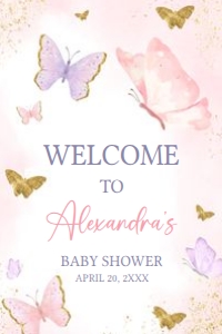 668 Pink Purple Gold Butterfly Baby Shower Welcome Sign 24x36: 668 Pink Purple Gold Butterfly Baby Shower Welcome Sign
