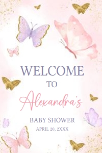 668 Pink Purple Gold Butterfly Baby Shower Welcome Sign 20x30: 668 Pink Purple Gold Butterfly Baby Shower Welcome Sign