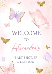 668 Pink Purple Gold Butterfly Baby Shower Welcome Sign A4: 668 Pink Purple Gold Butterfly Baby Shower Welcome Sign