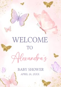 668 Pink Purple Gold Butterfly Baby Shower Welcome Sign A1: 668 Pink Purple Gold Butterfly Baby Shower Welcome Sign