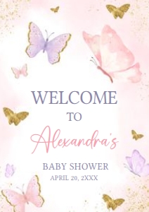 668 Pink Purple Gold Butterfly Baby Shower Welcome Sign A3: 668 Pink Purple Gold Butterfly Baby Shower Welcome Sign