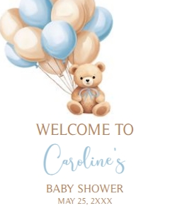 672 Blue Balloons Bear Baby Shower Welcome Sign 16x20: 672 Blue Balloons Bear Baby Shower Welcome Sign