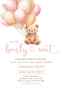 673 Pink Balloons Bear Baby Shower Invitation: 673 Pink Balloons Bear Baby Shower Invitation