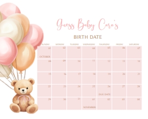 673 Pink Balloons Bear Baby Shower Calendar 20x16: 673 Pink Balloons Bear Baby Shower Calendar