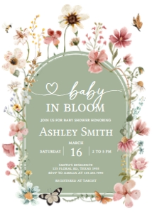 676 Boho Sage Green Baby in Bloom Baby Shower Invitation: 676 Boho Sage Green Baby in Bloom Baby Shower Invitation Set