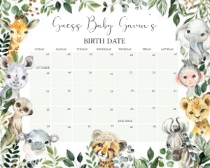 678 Greenery Jungle Safari Baby Shower Calendar 20x16: 678 Greenery Jungle Safari Baby Shower Calendar