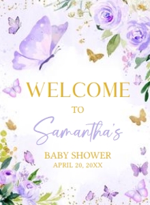 682 Gold Purple Butterfly Baby Shower Welcome Sign 11x15: 682 Gold Purple Butterfly Baby Shower Welcome Sign