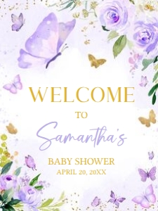 682 Gold Purple Butterfly Baby Shower Welcome Sign 18x24: 682 Gold Purple Butterfly Baby Shower Welcome Sign