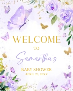 682 Gold Purple Butterfly Baby Shower Welcome Sign 16x20: 682 Gold Purple Butterfly Baby Shower Welcome Sign