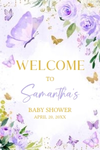 682 Gold Purple Butterfly Baby Shower Welcome Sign 20x30: 682 Gold Purple Butterfly Baby Shower Welcome Sign